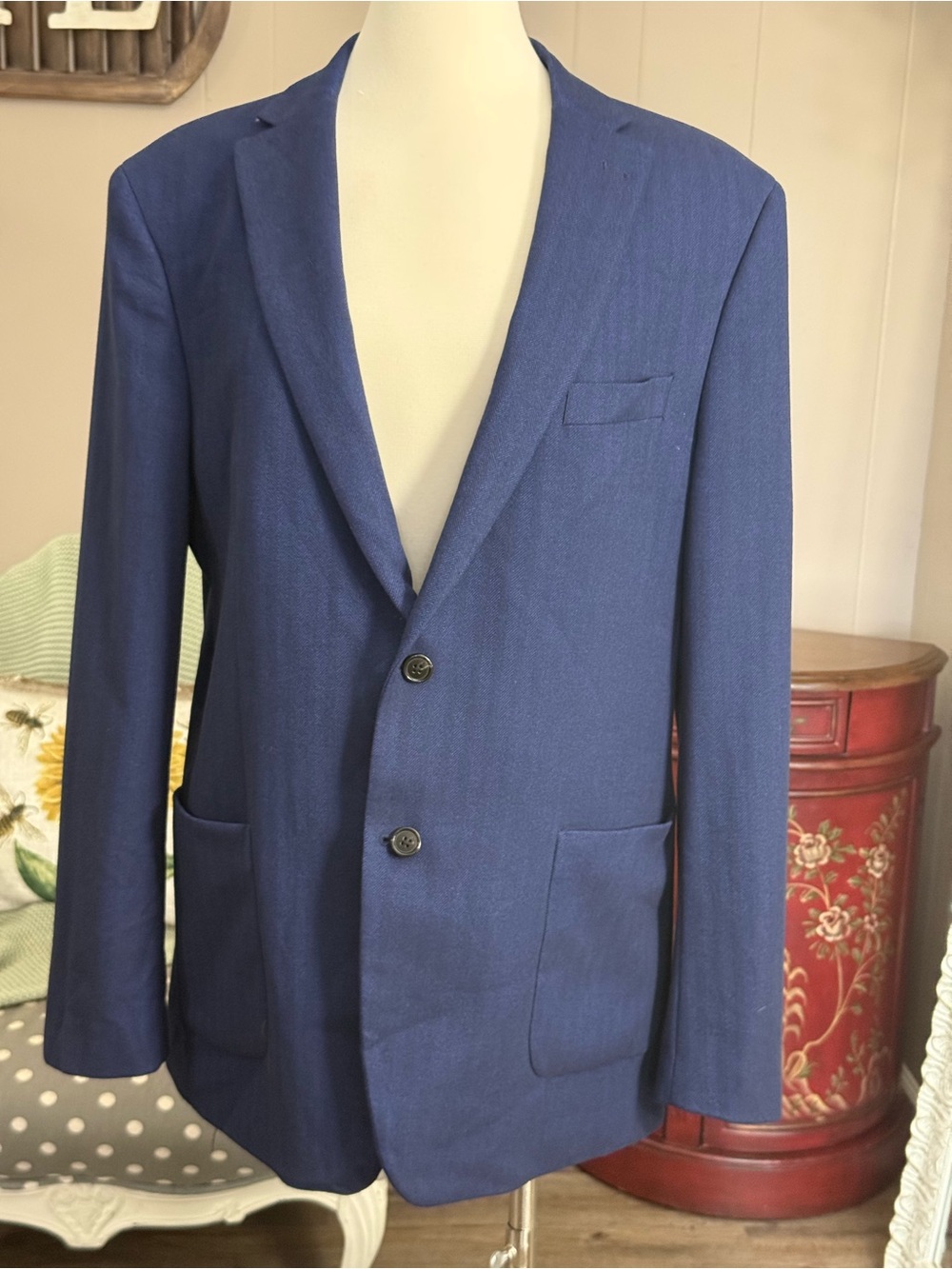 Lauren Ralph Lauren Men’s 46L Navy Herringbone Stretch Sport Coat Blazer - Picture 2 of 13
